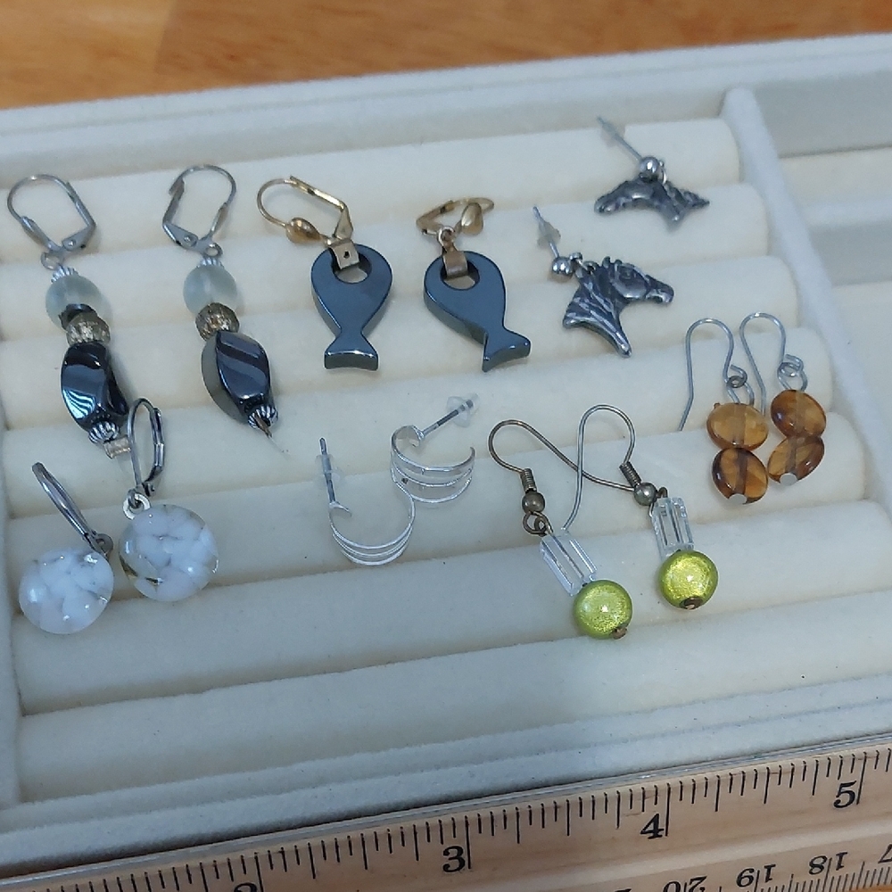 Vintage Boho Earrings Lot | Hematite Fish, Horse & Glass Beads (7 Pairs)